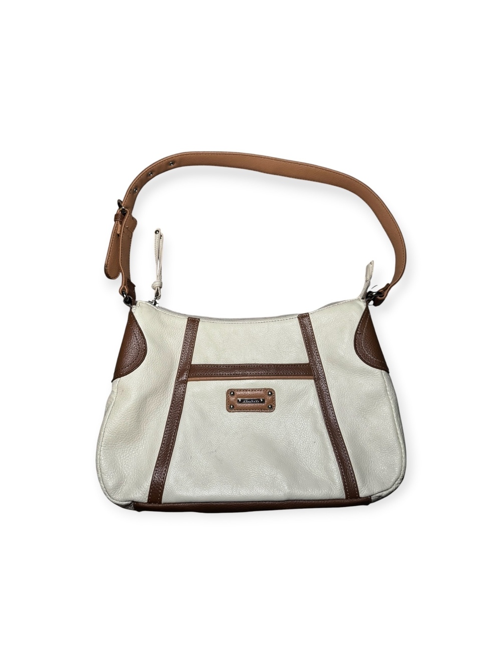 Stone & Co Cream and Brown Shoulder Bag Purse Medium Genuine Leather Zipper GC